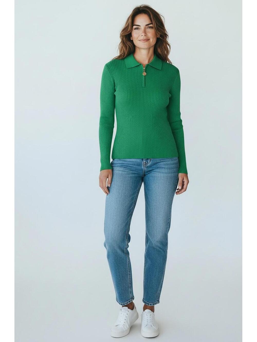 Liz Claiborne Green Ribbed Knit Quarter-Zip Long-Sleeve Sweater, Size Medium